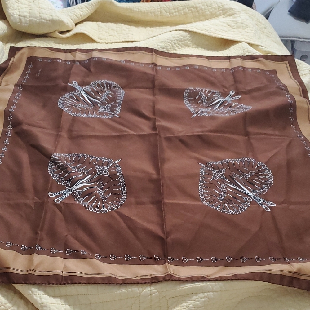 Brown Scarf with Heart and Scissors Design